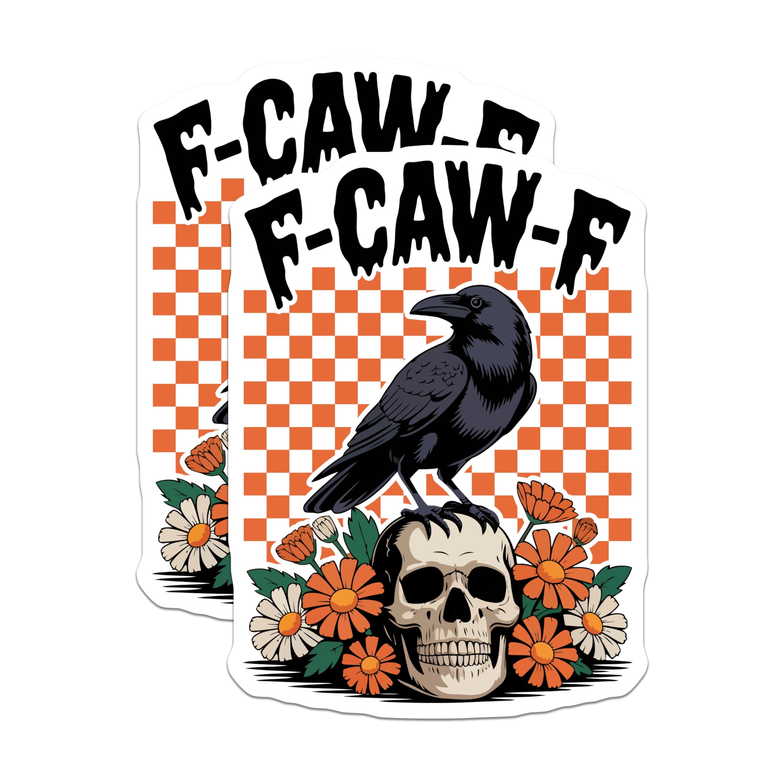 (2 Pack) F-CAW-F Crow Stickers - Skull and Flowers - Goth Stickers 5" On Longest Side - Sticks to Smooth Flat Surfaces - Made in USA - BMCS13125