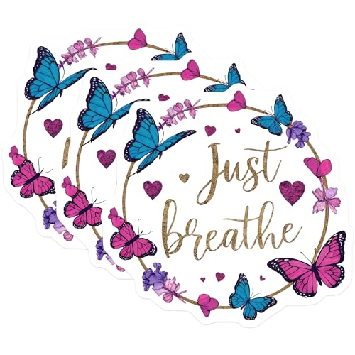 (3 Pack) Just Breathe Decals - Butterfly Flower Heart - Inspirational Laptop Decals - 3 Inches On Longest Side - Easy Peel & Apply - Made in USA - 3MCS7698