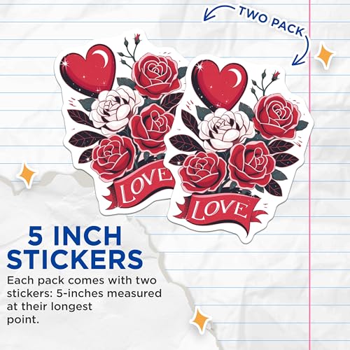 (2 Pack) Love Rose Stickers - Heart and Flower Stickers - Romantic Art Decal - 5" On Longest Side - Sticks to Any Smooth Flat Surface - Made in USA - BMCS3475