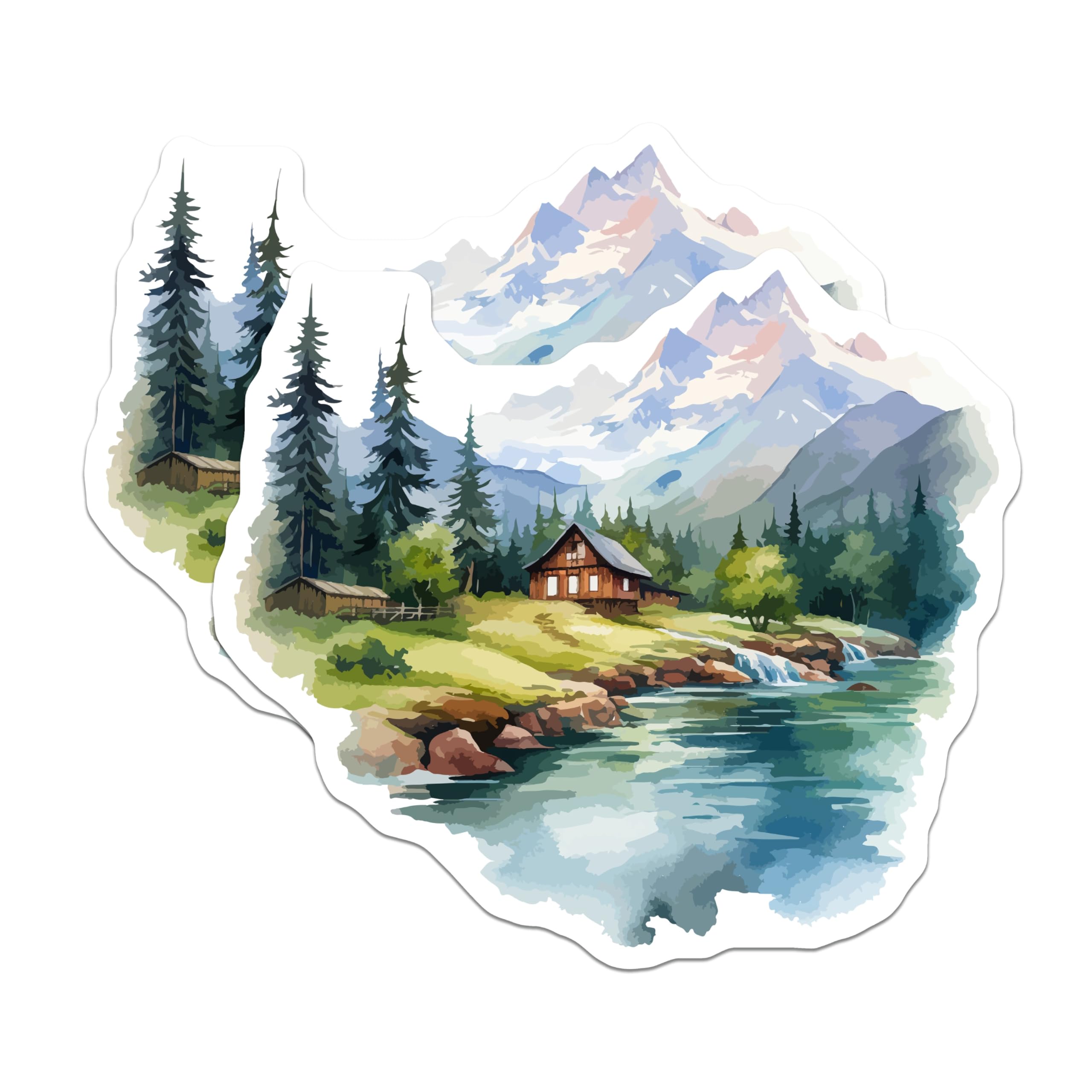 (2 Pack) Scenic Mountain Cabin Art Magnets - Serene Alpine Landscape Decor - Tranquil River Forest View Accessory - 5 Inches On Longest Side - Thick Durable Magnet - Made in USA - MAG19660