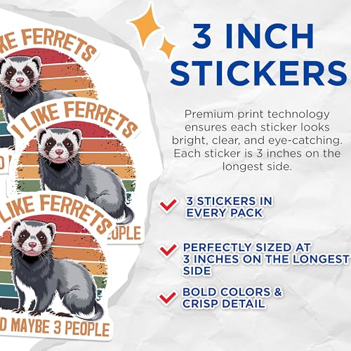 (3 Pack) Ferret Decals - Funny Animal Decal - Ferret Lover Gift - 3 Inches On Longest Side - Easy Peel & Apply - Made in USA - 3MCS4822