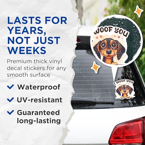 (2 Packs) I Woof You Dachshund Stickers - Dachshund Dog Breed Weiner Dog Decals - 5 Inches On Longest Side - Premium Vinyl Decal - Sticks to Any Smooth Flat Surface - Made in USA - BMCS2349
