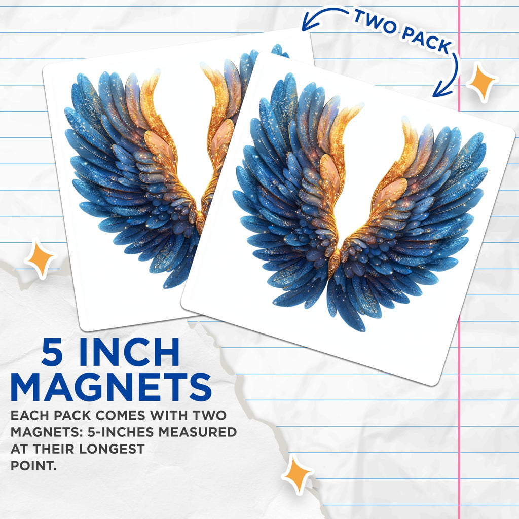 (2 Pack) Celestial Angel Wings Magnets - Blue Gold Fantasy Decor - Ethereal Art Refrigerator Magnets - 5 Inches On Longest Side - Thick Durable Magnet - Made in USA - MAG27209