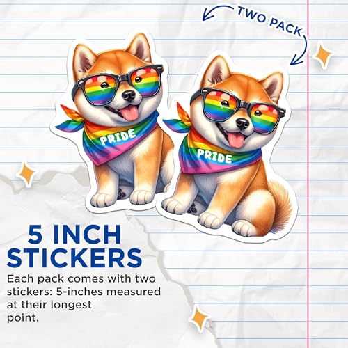(2 Pack) Cute Dog Pride Stickers - Shiba Inu Stickers - Rainbow Pride - LGBTQ Dog Stickers - 5" On Longest Side - Sticks to Smooth Flat Surfaces - Made in USA - BMCS6865