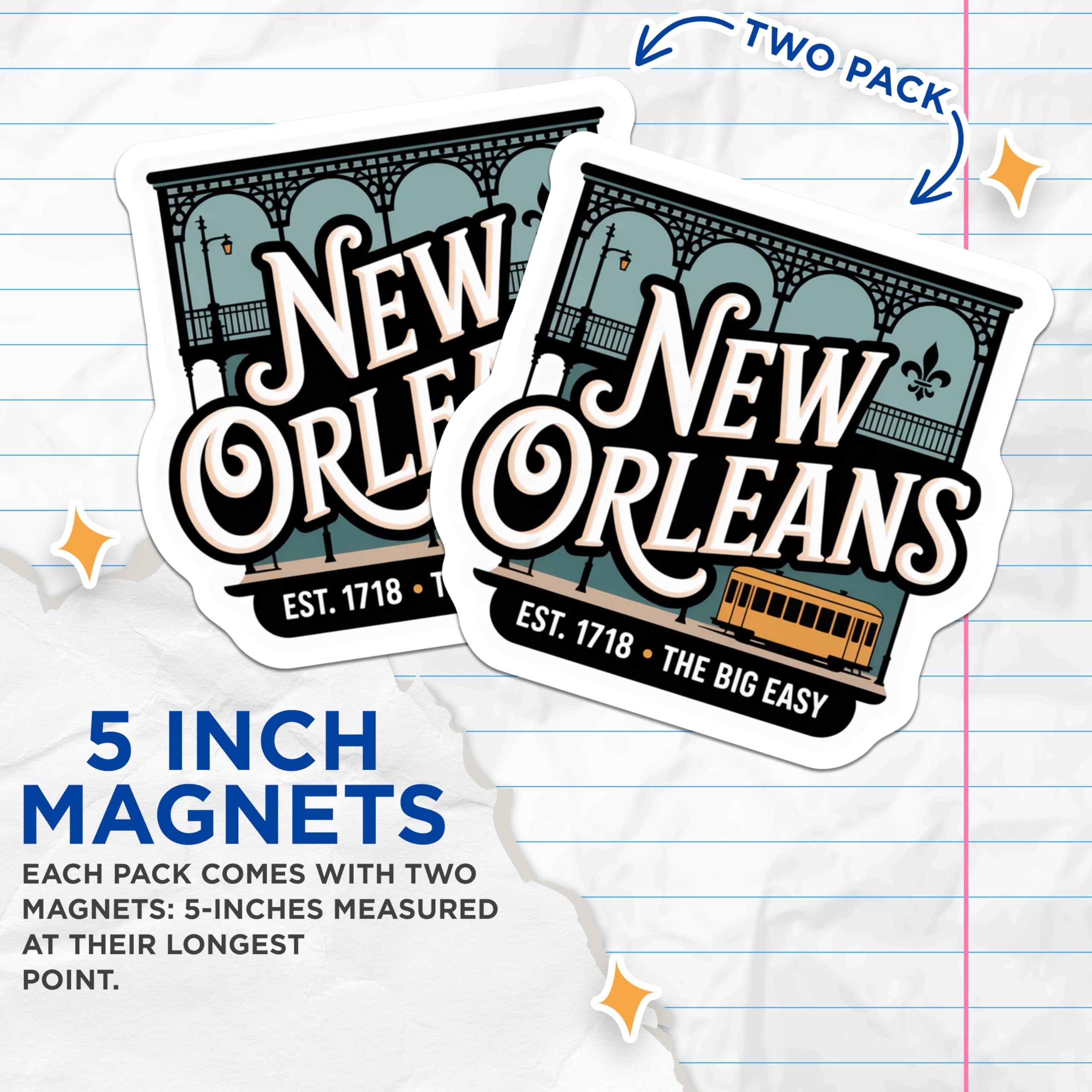 (2 Pack) New Orleans Magnets - Big Easy Decor - Louisiana Travel Souvenir - 5" On Longest Side - Premium Magnet - for Cars, Refrigerators, Toolboxes, Lockers - Made in USA - MAG18538