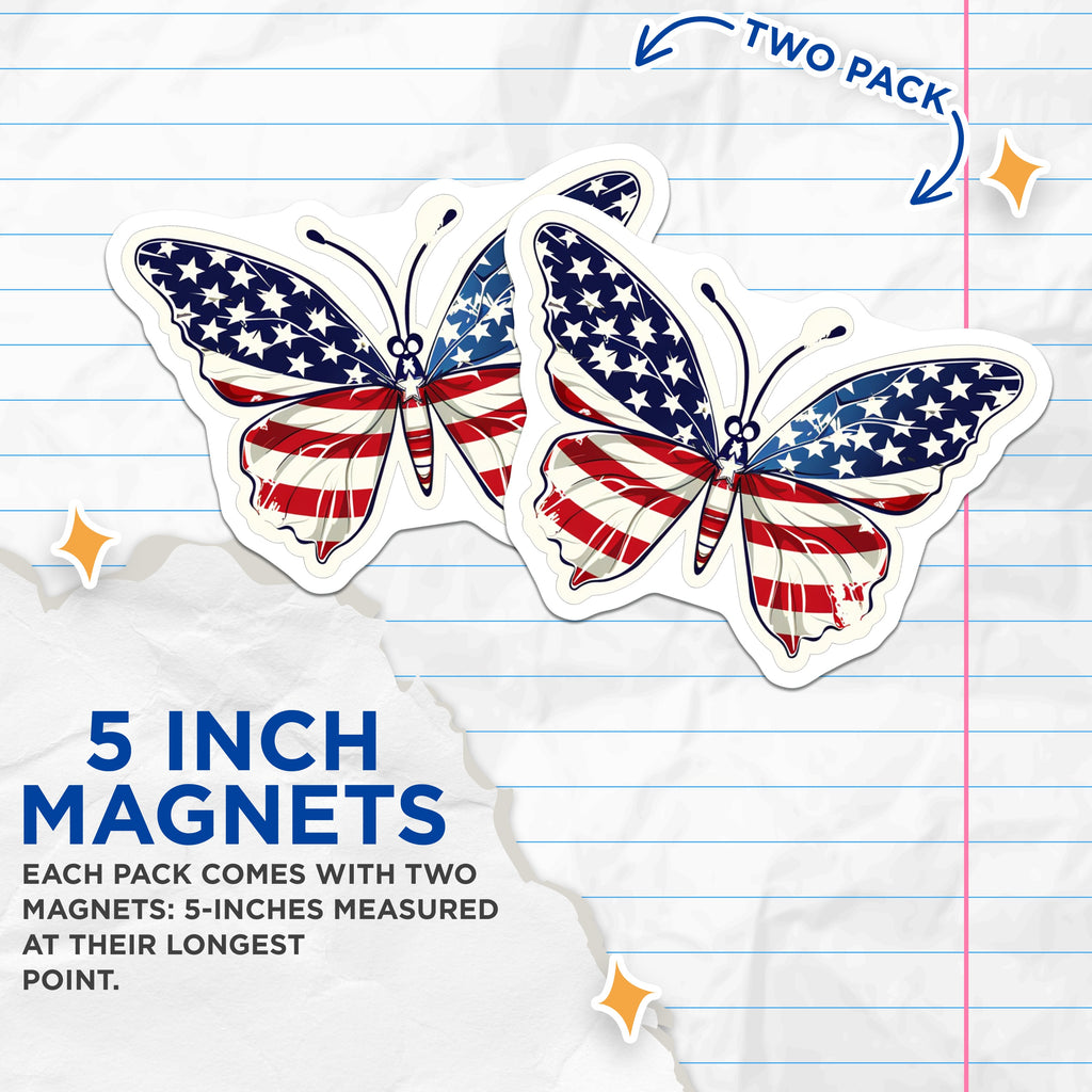(2 Pack) American Flag Butterfly Magnets - Patriotic USA Decor - Independence Day Fridge Sticker - 5 Inches On Longest Side - Thick Durable Magnet - Made in USA - MAG37763