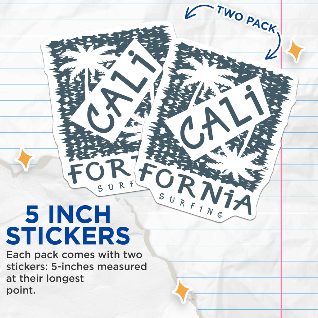 (2 Pack) California Stickers - Surfing Decals - Cali Palm Tree Stickers - 5" On Longest Side - Sticks to Smooth Flat Surfaces - Made in USA - BMCS17752