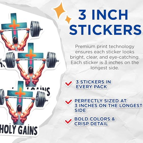 (3 Pack) Holy Gains Decals - Gym Motivation - Religious Fitness - Laptop Decals - 3 Inches On Longest Side - Easy Peel & Apply - Made in USA - 3MCS8409