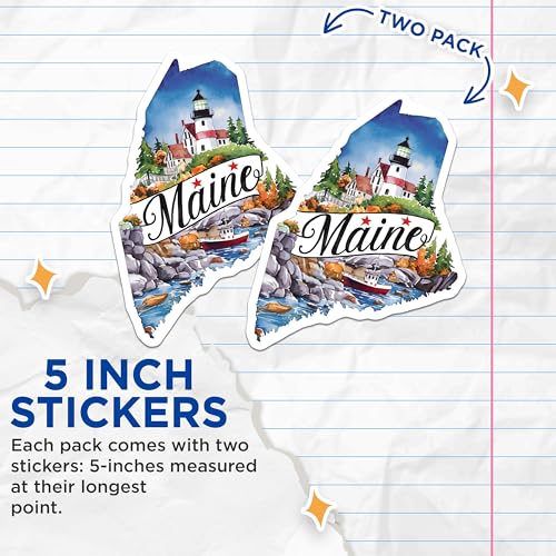 (2 Pack) Maine State Stickers - Lighthouse Sticker - Coastal Maine Decal - 5" On Longest Side - Sticks to Smooth Flat Surfaces - Made in USA - BMCS6270