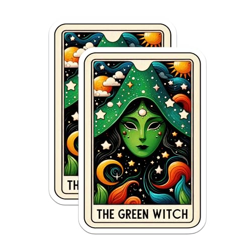 (2 Pack) The Green Witch Stickers - Fantasy Art - Celestial Aesthetic Witchcraft Mystical - 5" On Longest Side - Sticks to Smooth Flat Surfaces - Made in USA - BMCS5422