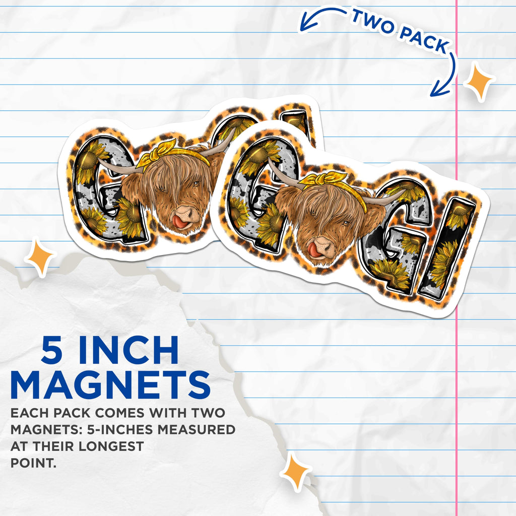 (2 Pack) Gigi Highland Cow Magnets - Sunflower Leopard Print - Farmhouse Kitchen Decor - 5 Inches On Longest Side - Thick Durable Magnet - Made in USA - MAG27980