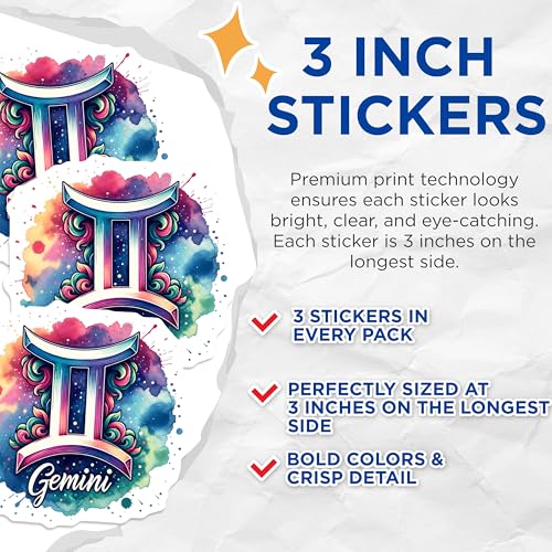 (3 Pack) Gemini Zodiac Decals - Watercolor Sign - Astrology Decal- 3 Inches On Longest Side - Easy Peel & Apply - Made in USA - 3MCS5416