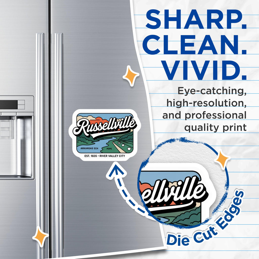 (2 Pack) Russellville Arkansas Magnets - River Valley City - Pope County Souvenir - 5" On Longest Side - Premium Magnet - for Cars, Refrigerators, Toolboxes, Lockers - Made in USA - MAG17592