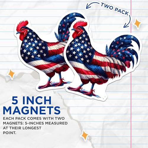 (2 Pack) Patriotic Rooster Magnets - American Flag Design - Kitchen Decor - Fridge Magnets - USA Pride - 5" On Longest Side - for Cars, Fridges, Toolboxes - Made in USA - MAG7180