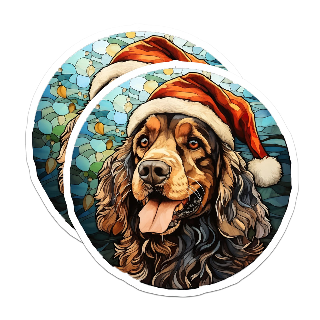 (2 Pack) Christmas Dog Magnets - Santa Spaniel Holiday Decor - Stained Glass Pet Art - 5 Inches On Longest Side - Thick Durable Magnet - Made in USA - MAG30325