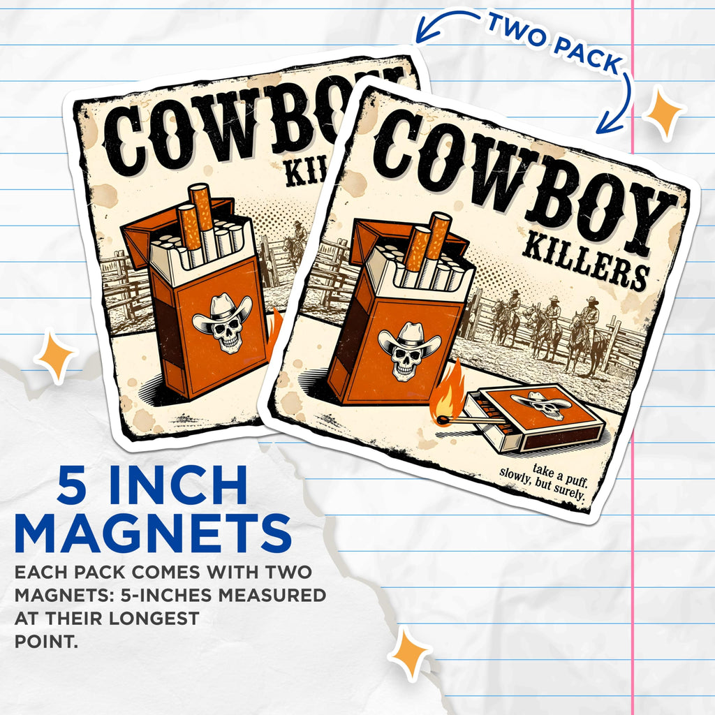 (2 Pack) Cowboy Killers Magnets - Western Art - Vintage Cowboy Skull Design - 5" On Longest Side - Premium Magnet - for Cars, Refrigerators, Toolboxes, Lockers - Made in USA - MAG15893