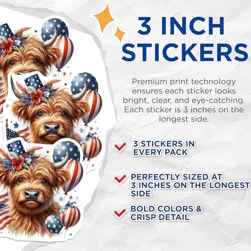 (3 Pack) Highland Cow Decals - Patriotic Bull - July 4th Decals- 3 Inches On Longest Side - Easy Peel & Apply - Made in USA - 3MCS5095