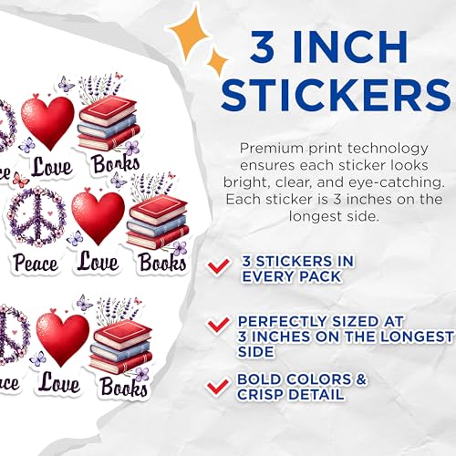 (3 Pack) Peace Love Books Decals - Floral Peace Sign - Heart and Books - Laptop Decals - 3 Inches On Longest Side - Easy Peel & Apply - Made in USA - 3MCS1569