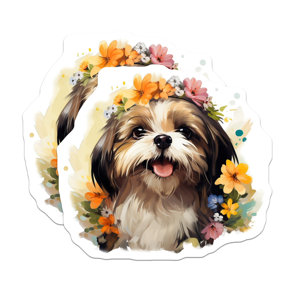 (2 Pack) Shih Tzu Magnets - Watercolor Dog Art - Flower Crown Puppy Accessory - 5 Inches On Longest Side - Thick Durable Magnet - Made in USA - MAG25503