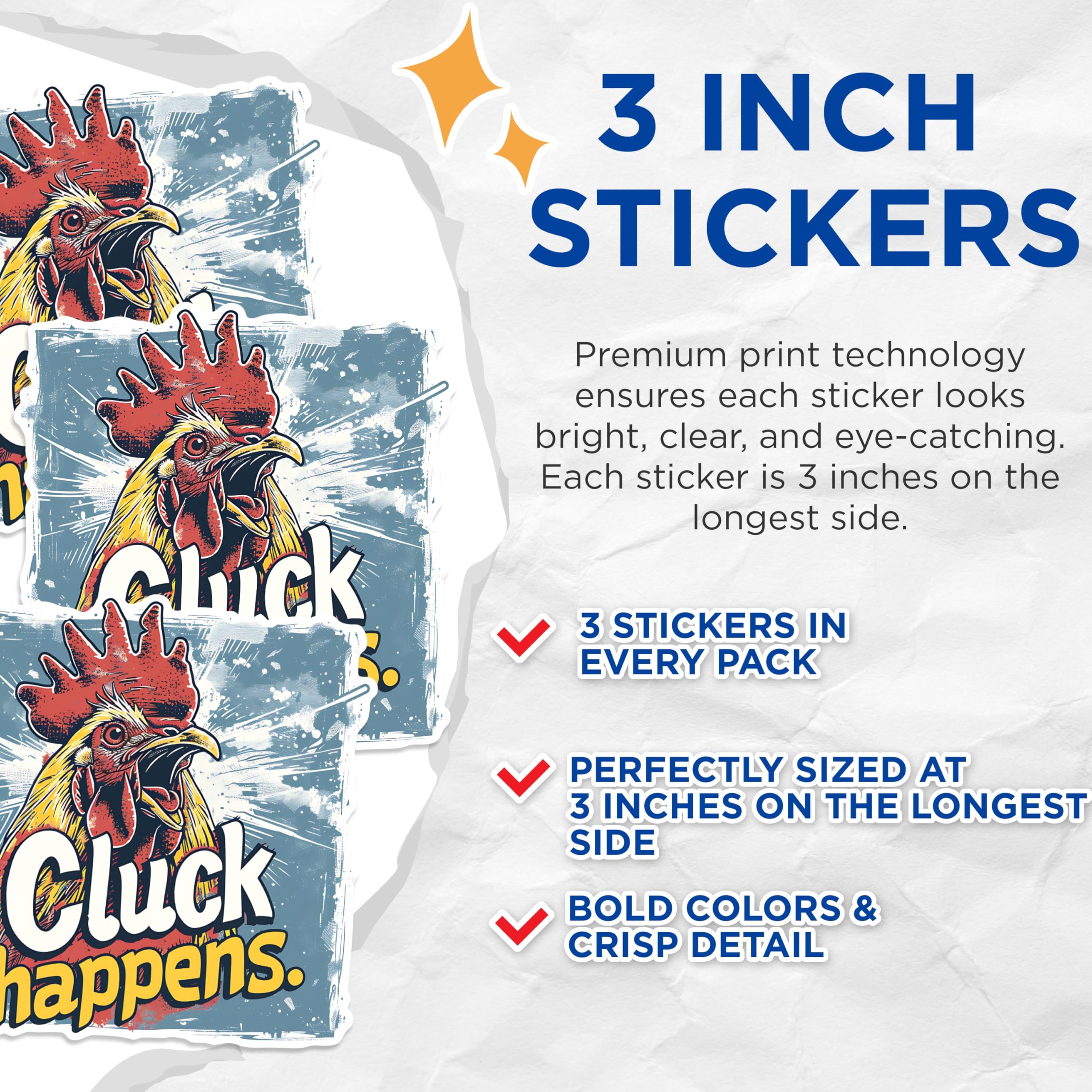 (3 Pack) Cluck Happens Decals - Chicken Quote - Funny Chicken Decal - 3 Inches On Longest Side - Easy Peel & Apply - Made in USA - 3MCS1454