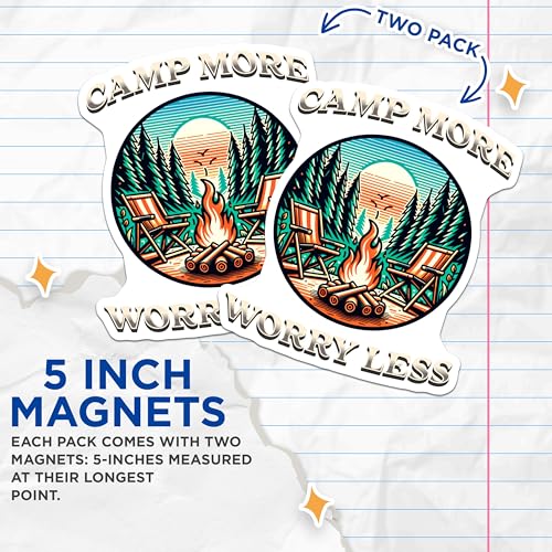 (2 Pack) Camp More Worry Less Magnets - Camping Decor - Outdoor Adventure - Nature Enthusiasts - 5" On Longest Side - for Cars, Fridges, Toolboxes - Made in USA - MAG6916