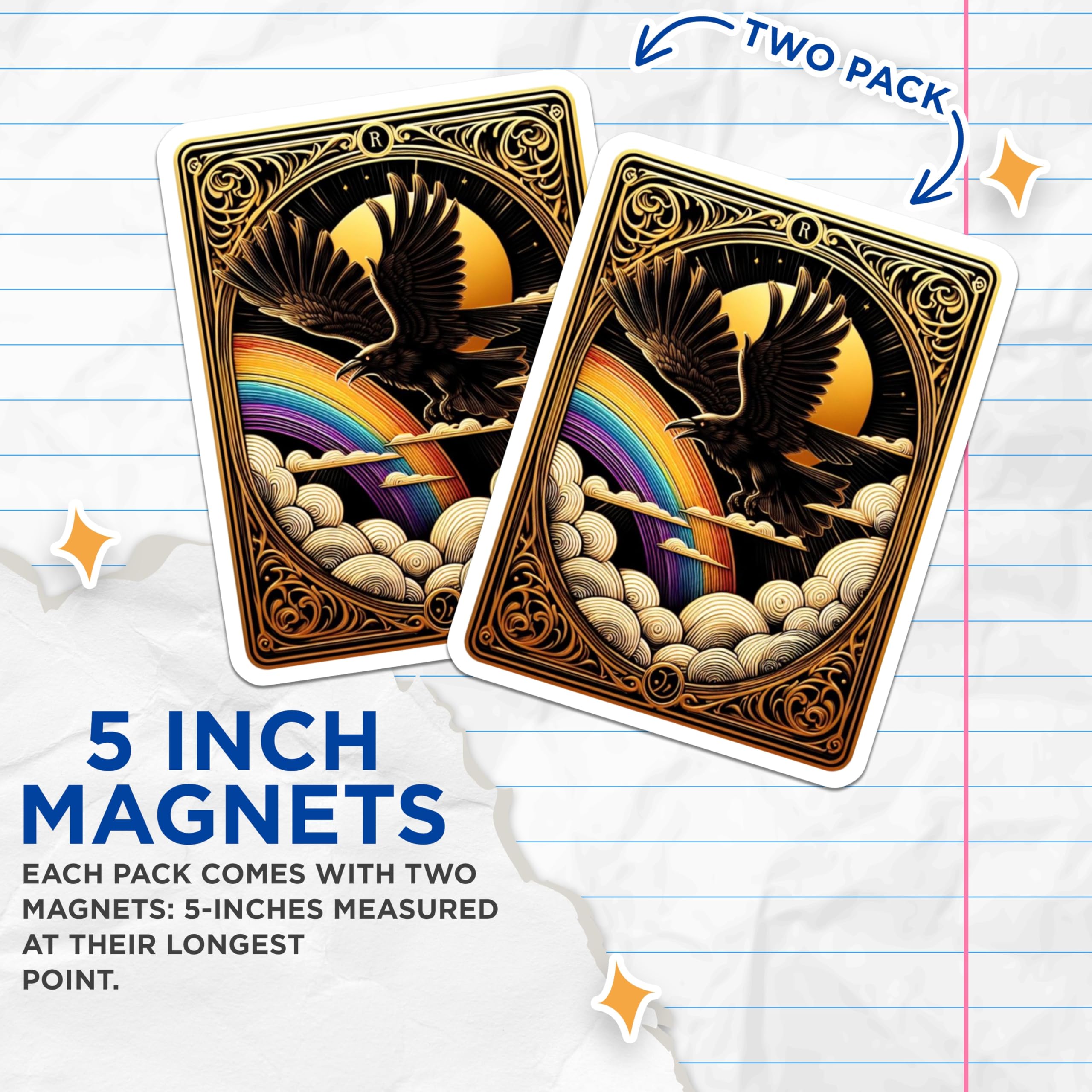 (2 Pack) Raven Rainbow Magnets - Fantasy Celestial Art - Ornate Golden Decor - 5 Inches On Longest Side - Thick Durable Magnet - Made in USA - MAG21473