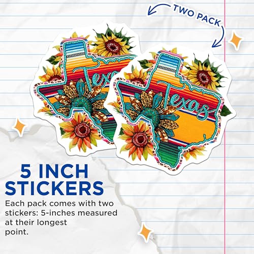 (2 Pack) Texas Sunflower Stickers - Colorful State Outline - Boho Sunflower Texas Decor - 5" On Longest Side - Sticks to Smooth Flat Surfaces - Made in USA - BMCS5729