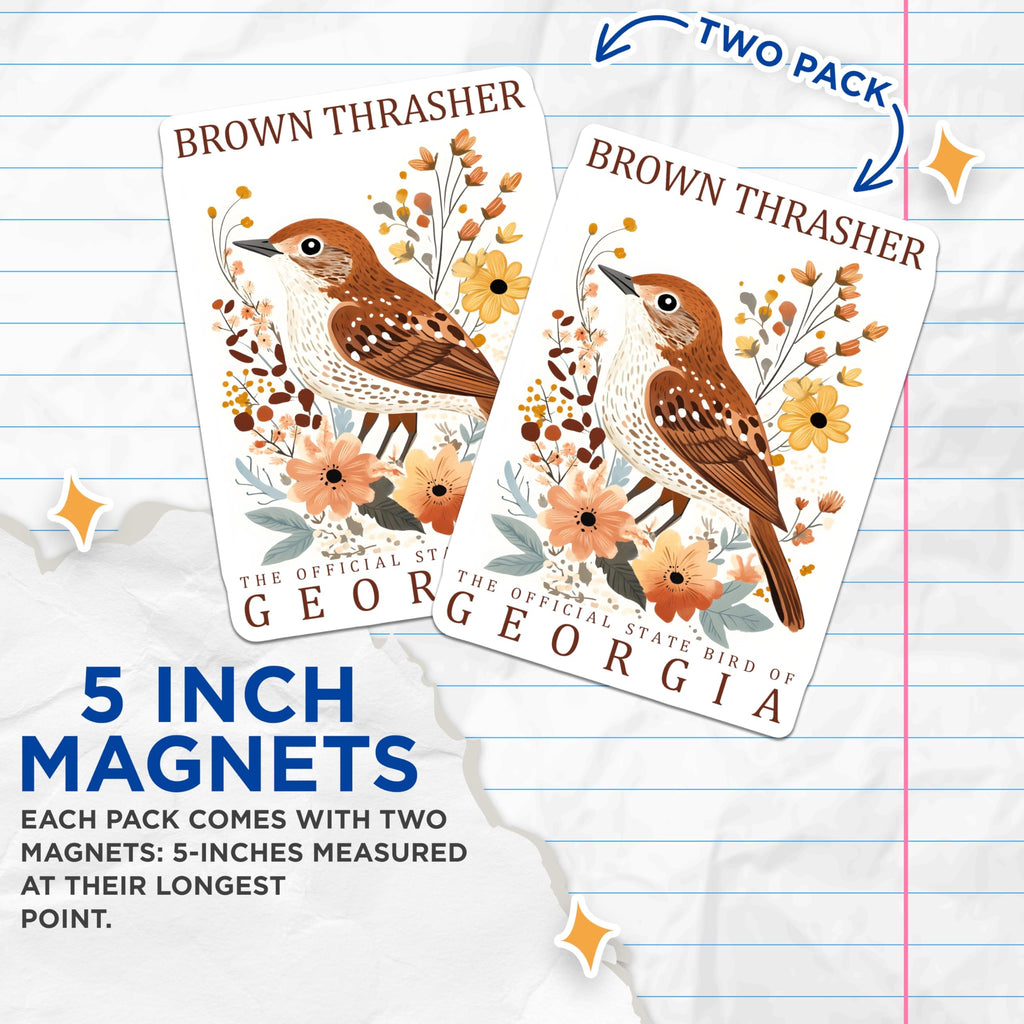 (2 Pack) Brown Thrasher Magnets - Georgia State Bird Art - Botanical Wildlife Decor - 5 Inches On Longest Side - Thick Durable Magnet - Made in USA - MAG19301