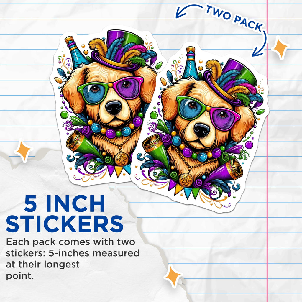 (2 Pack) Mardi Gras Dog Stickers - Party Labrador - Celebration Puppy Decals - 5" On Longest Side - Sticks to Smooth Flat Surfaces - Made in USA - BMCS15635