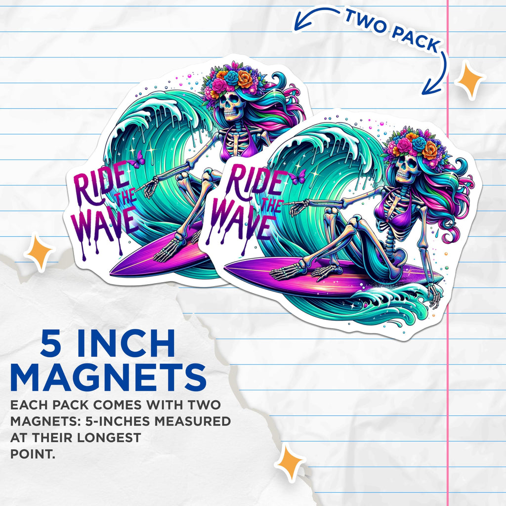 (2 Pack) Skeleton Surfer Art Magnet - Day of The Dead Decor - Beach Vibes - Surfing Skeleton - Colorful Wave Art - 5" On Longest Side - Sticks to Smooth Flat Surfaces - Made in USA - MAG9606