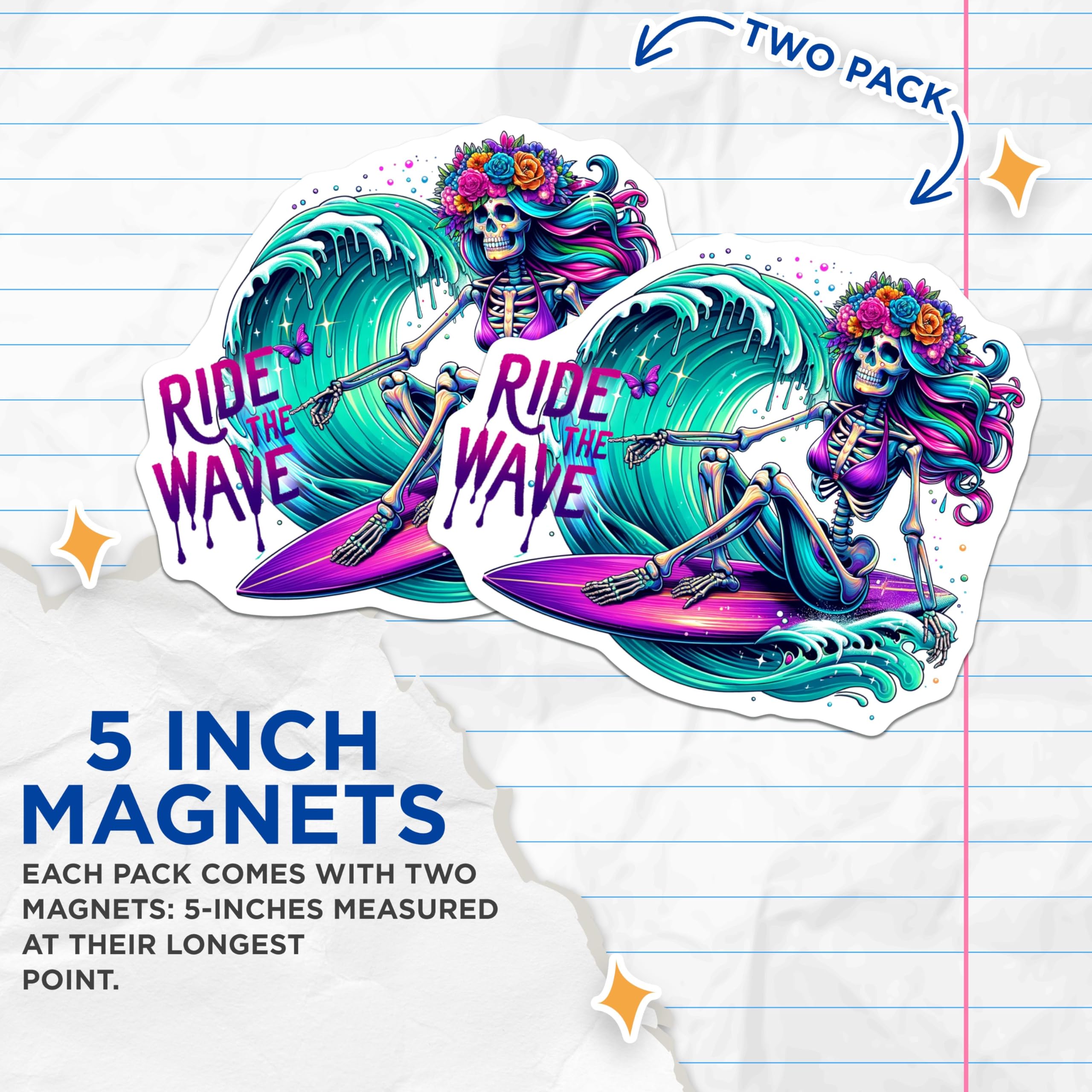 (2 Pack) Skeleton Surfer Art Magnet - Day of The Dead Decor - Beach Vibes - Surfing Skeleton - Colorful Wave Art - 5" On Longest Side - Sticks to Smooth Flat Surfaces - Made in USA - MAG9606