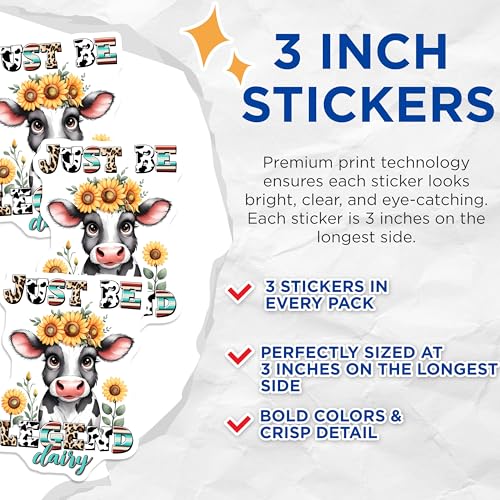 (3 Pack) Cow Decals - Sunflower Decal - Just Be A Dairy Legend - 3 Inches On Longest Side - Easy Peel & Apply - Made in USA - 3MCS8571