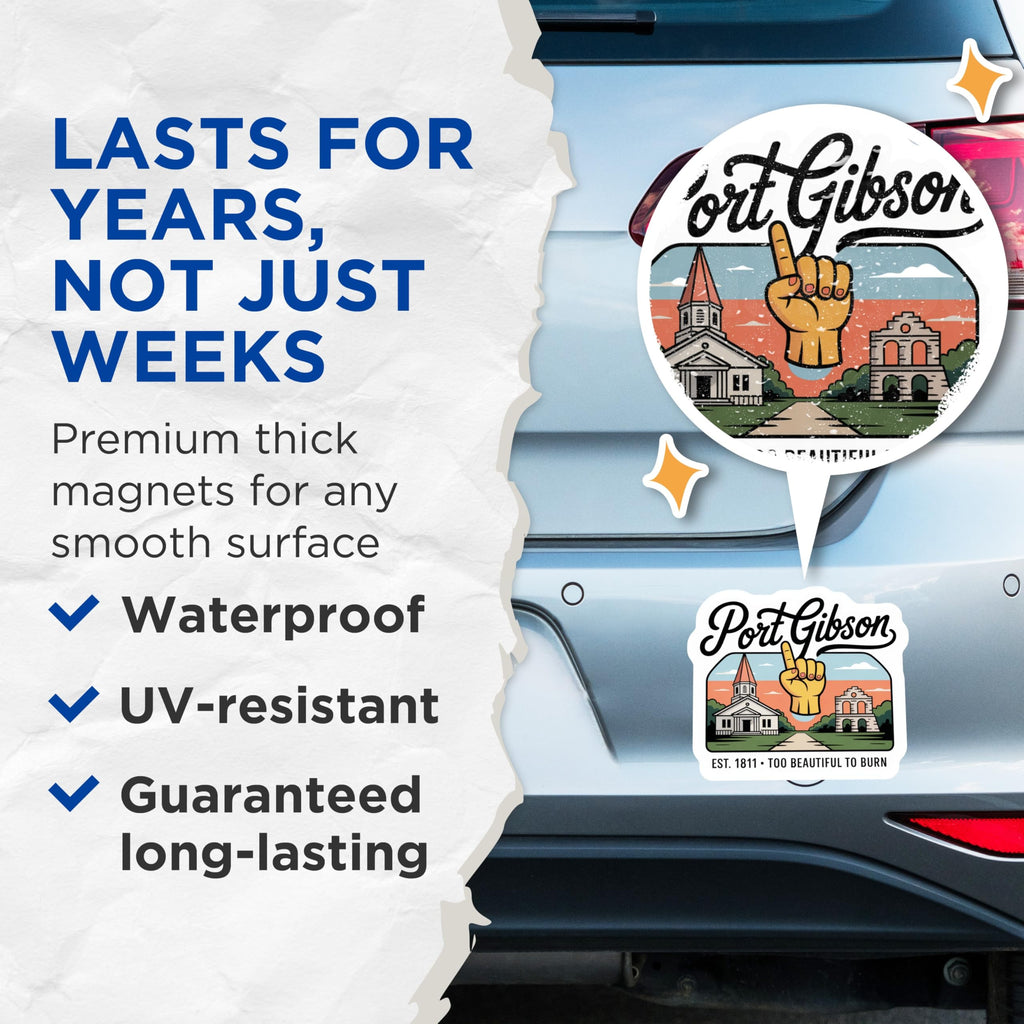 (2 Pack) Port Gibson Magnets - Mississippi Travel - Hand and Church Scene - 5" On Longest Side - Premium Magnet - for Cars, Refrigerators, Toolboxes, Lockers - Made in USA - MAG17790
