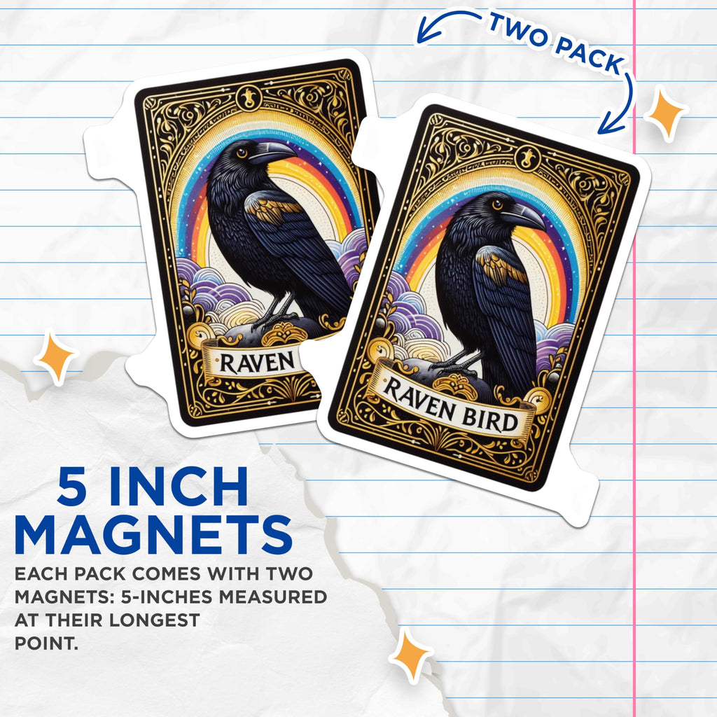 (2 Pack) Raven Bird Magnets - Rainbow Aesthetic Decor - Golden Ornate Frame - Mystic Wildlife Art - 5 Inches On Longest Side - Thick Durable Magnet - Made in USA - MAG21708