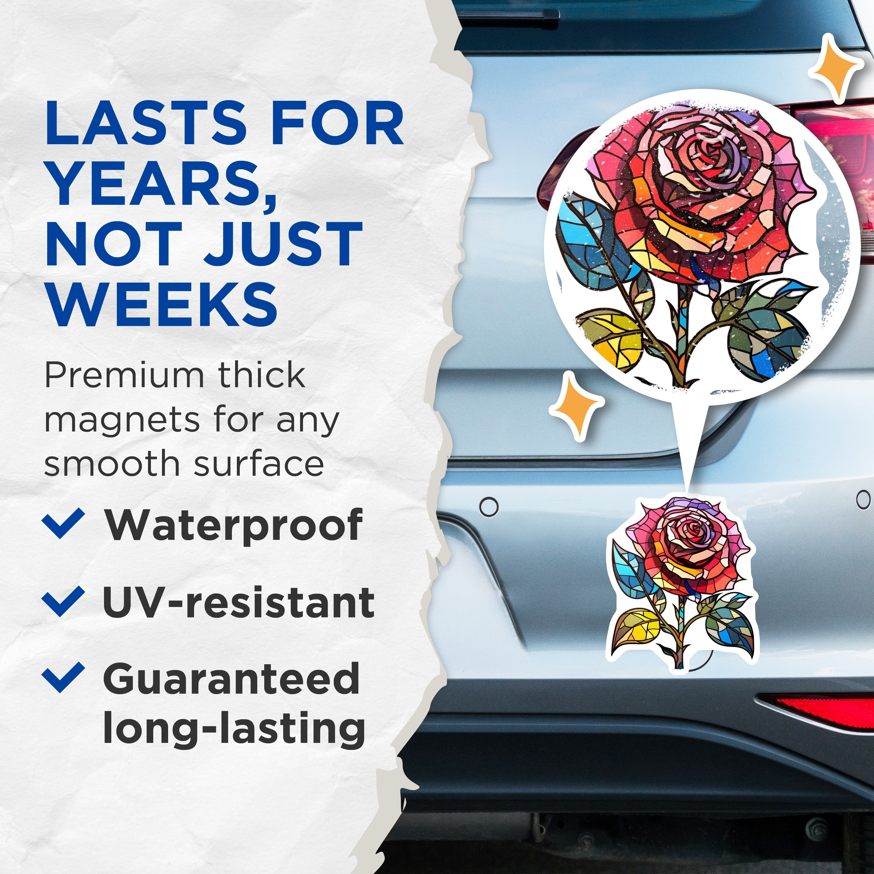 (2 Pack) Stained Glass Rose Magnets - Mosaic Flower Refrigerator Decor - Botanical Art Kitchen Accents - 5 Inches On Longest Side - Thick Durable Magnet - Made in USA - MAG39473