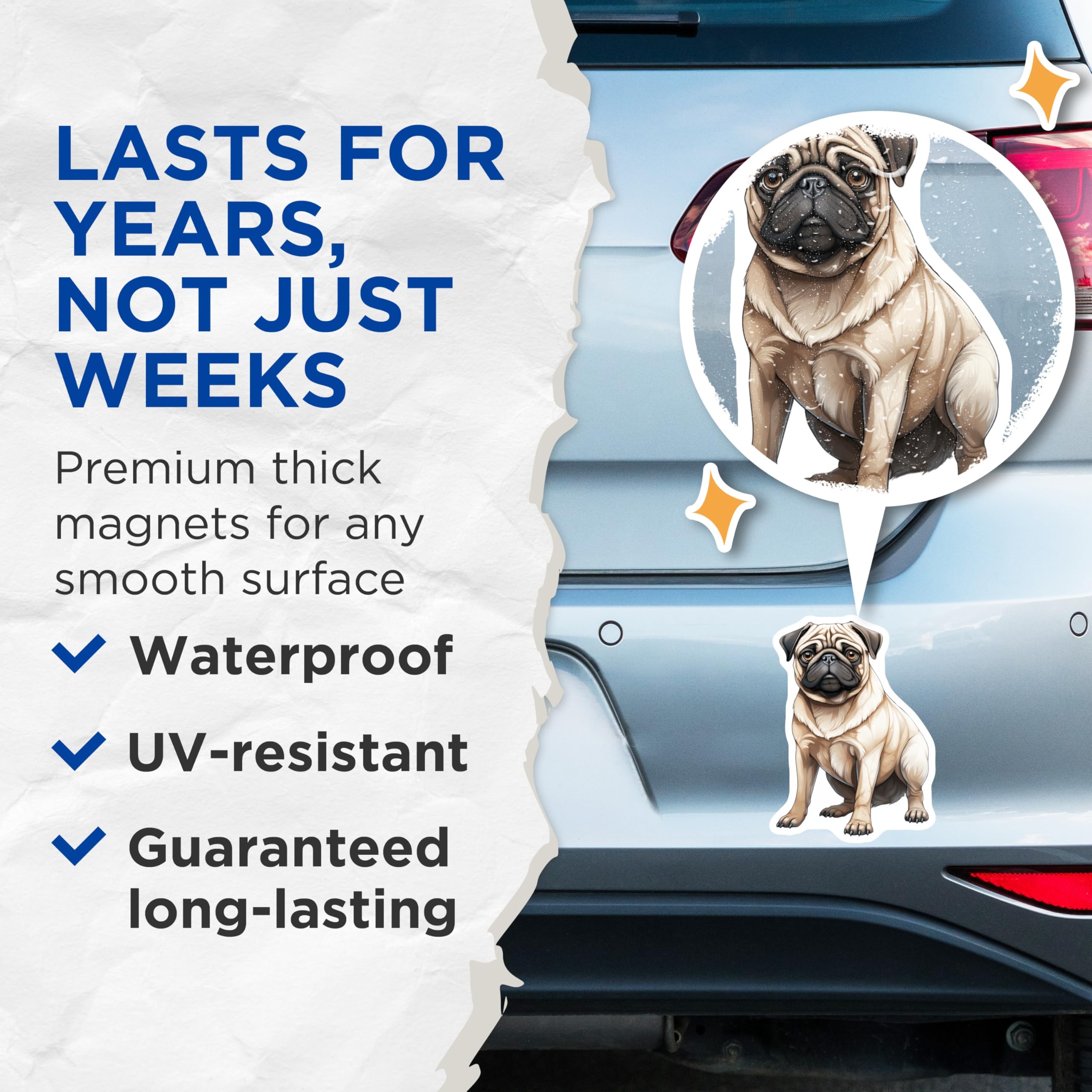 (2 Pack) Pug Magnets - Cute Dog Refrigerator Decor - Pet Lover Accessories - Animal Fridge Art - 5 Inches On Longest Side - Thick Durable Magnet - Made in USA - MAG24762