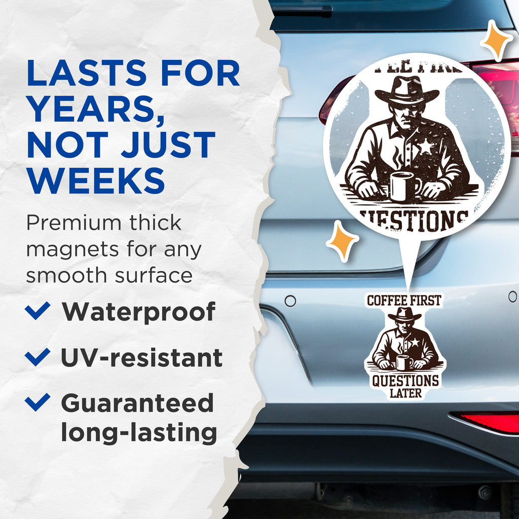 (2 Pack) Coffee First Questions Later Magnets - Cowboy Coffee Lover - Funny Morning Humor - Western Decor Magnets - 5 Inches On Longest Side - Thick Durable Magnet - Made in USA - MAG37701