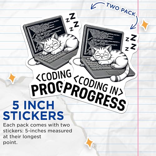 (2 Pack) Coding Cat Stickers - Developer Life - Programmer Humor - Coding in Progress - Computer Science - 5" On Longest Side - Sticks to Smooth Flat Surfaces - Made in USA - BMCS7423