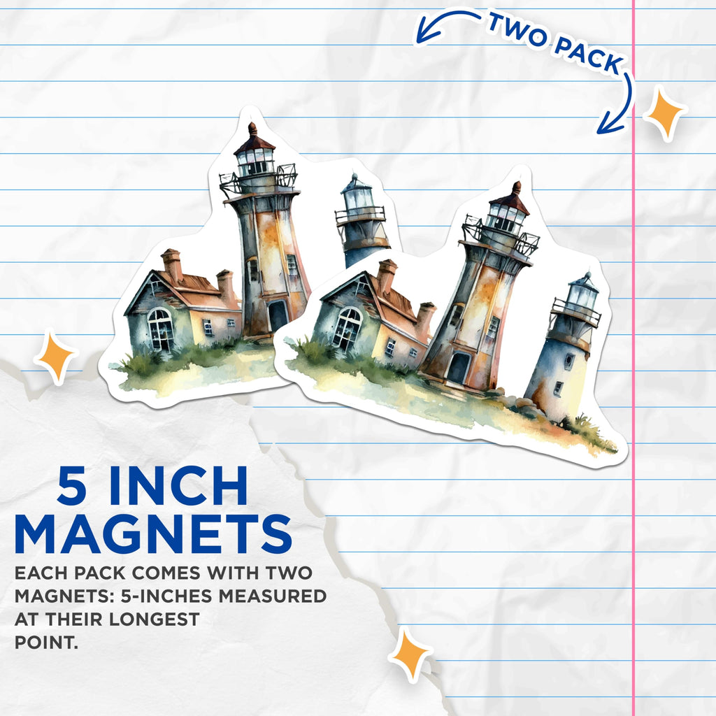 (2 Pack) Serene Watercolor Lighthouse Magnets - Picturesque Coastal Ocean Home Decor - Charming Nautical Seascape Art Scene - 5 Inches On Longest Side - Thick Durable Magnet - Made in USA - MAG20136