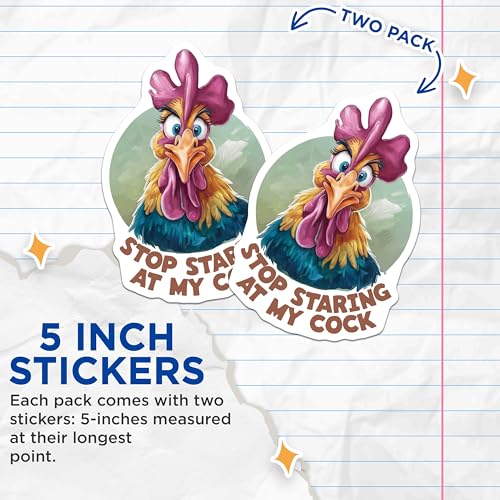 (2 Pack) Funny Rooster Stickers - Stop Staring at My Cock - Humorous Chicken Stickers - 5" On Longest Side - Sticks to Smooth Flat Surfaces - Made in USA - BMCS4548