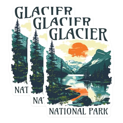(3 Pack) Glacier National Park Decals - Mountain Landscape - Sunset Stickers - 3 Inches On Longest Side - Easy Peel & Apply - Made in USA - 3MCS2247