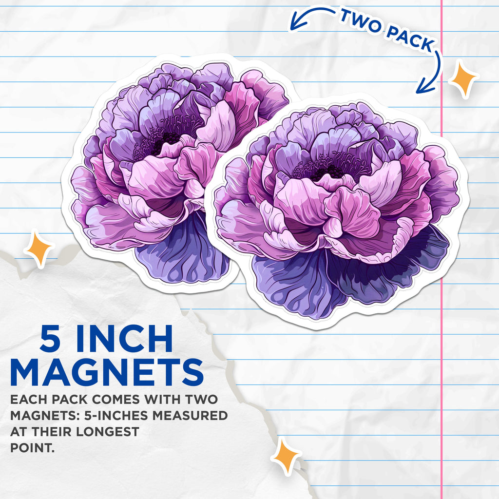 (2 Pack) Purple Peony Flower Magnets - Vibrant Botanical Decor - Floral Fridge Art - Aesthetic Home Accent - 5 Inches On Longest Side - Thick Durable Magnet - Made in USA - MAG36676