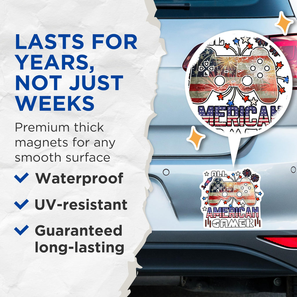 (2 Pack) All American Gamer Magnets - Patriotic Gaming Magnets - Fourth of July Gamer Magnets - 5" On Longest Side - for Cars, Refrigerators, Toolboxes, Lockers - Made in USA BMCS3096