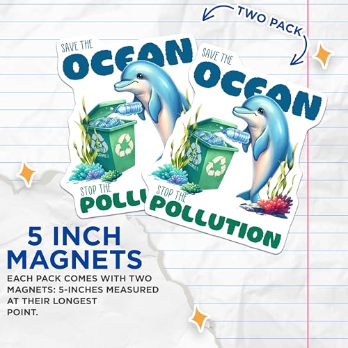 (2 Pack) Save The Ocean Magnets - Dolphin Recycling Art - Environmental Awareness - Marine Conservation Decor - 5" On Longest Side - for Cars, Fridges, Toolboxes - Made in USA - MAG7960