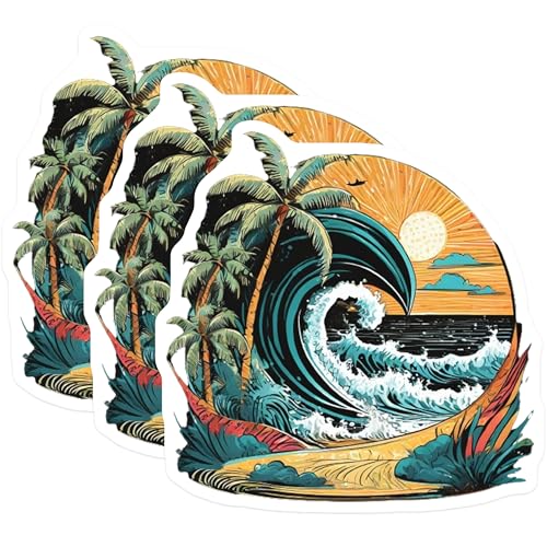 (3 Pack) Tropical Wave Decals - Beach Scene Stickers - Ocean Art Decals - 3 Inches On Longest Side - Easy Peel & Apply - Made in USA - 3MCS8015