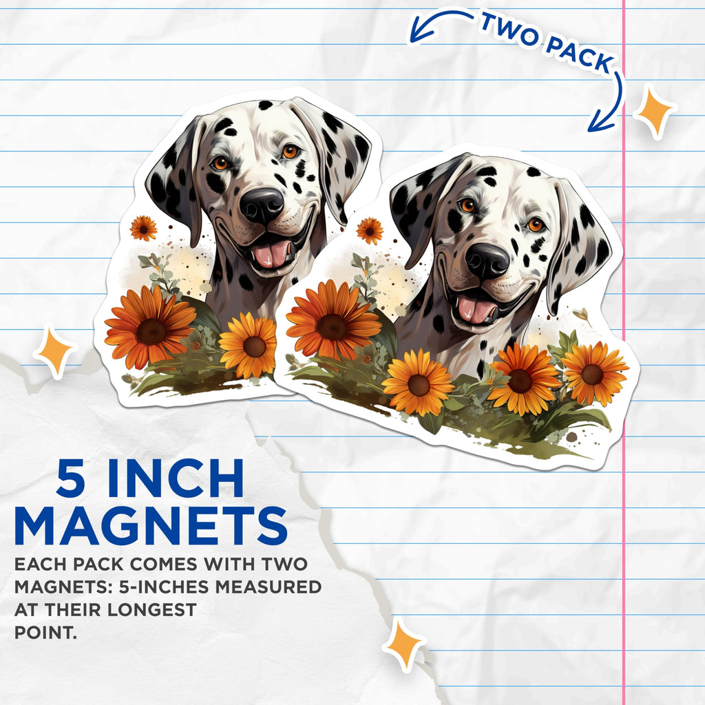 (2 Pack) Dalmatian Magnets - Happy Dog Lover Kitchen Decor - Floral Pet Art - Dog Owner Housewarming - Refrigerator Magnets - 5 Inches On Longest Side - Thick Durable Magnet - Made in USA - MAG30298