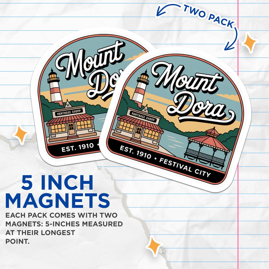 (2 Pack) Mount Dora Florida Magnets - Vintage Travel Souvenir - Lighthouse Gazebo Scene - Festival City Collectible - 5 Inches On Longest Side - Thick Durable Magnet - Made in USA - MAG19146