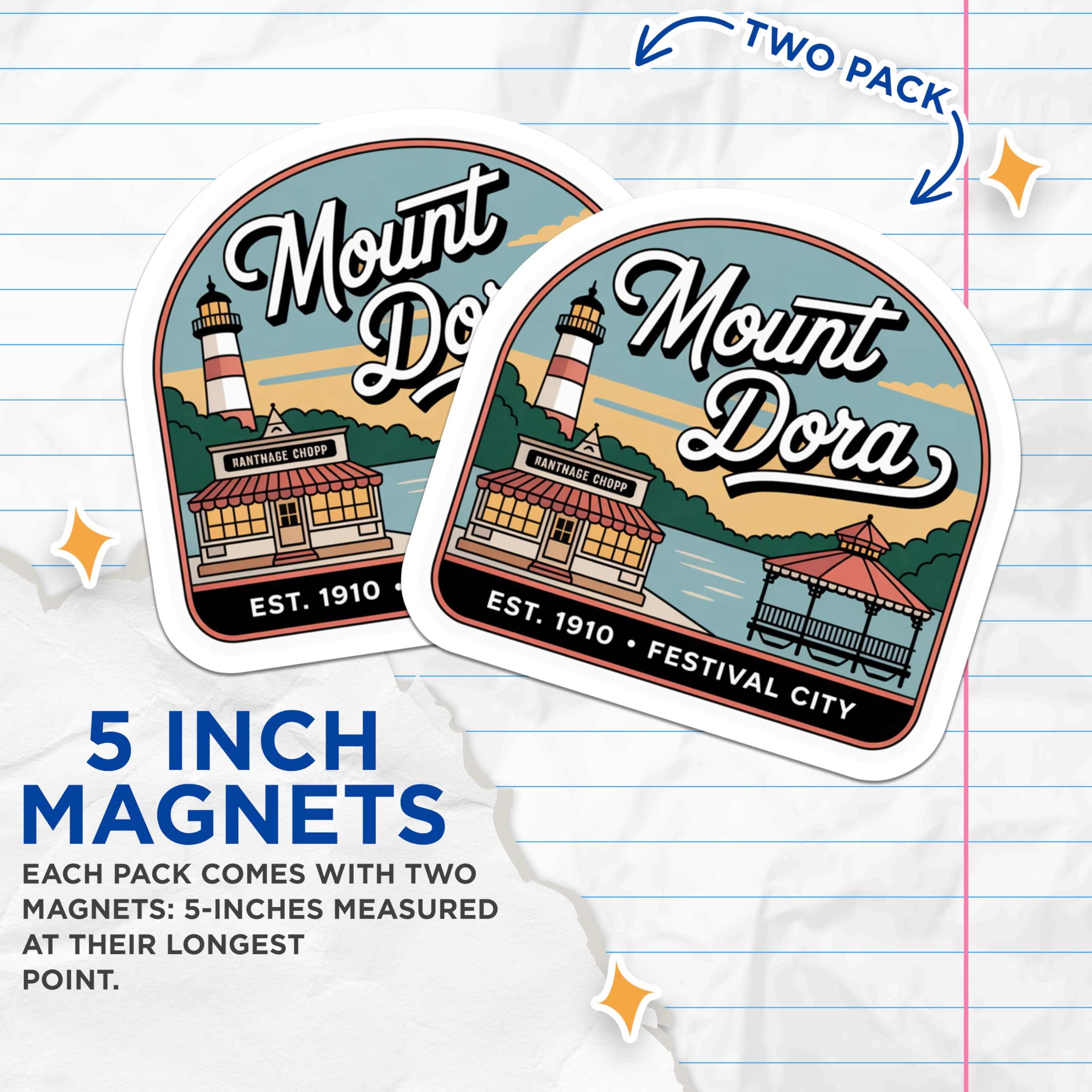 (2 Pack) Mount Dora Florida Magnets - Vintage Travel Souvenir - Lighthouse Gazebo Scene - Festival City Collectible - 5 Inches On Longest Side - Thick Durable Magnet - Made in USA - MAG19146