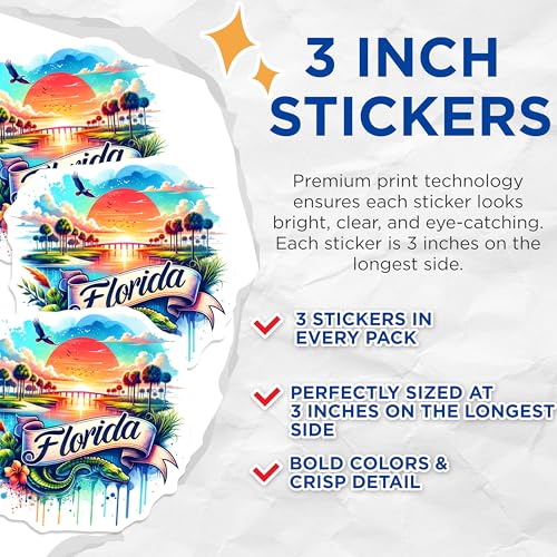 (3 Pack) Florida Alligator Decals - Sunshine State - Laptop Decals- 3 Inches On Longest Side - Easy Peel & Apply - Made in USA - 3MCS5436