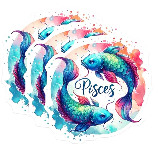 (3 Pack) Pisces Zodiac Decals - Astrology Sign Stickers - Watercolor Fish Art- 3 Inches On Longest Side - Easy Peel & Apply - Made in USA - 3MCS5789
